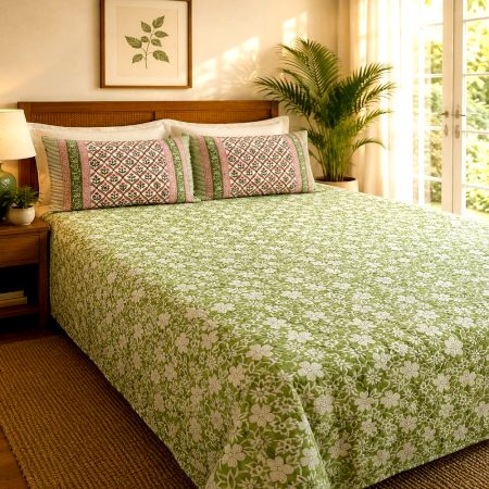 Handmade Pink Jaal Mulmul Cotton Quilted Double Bedcover